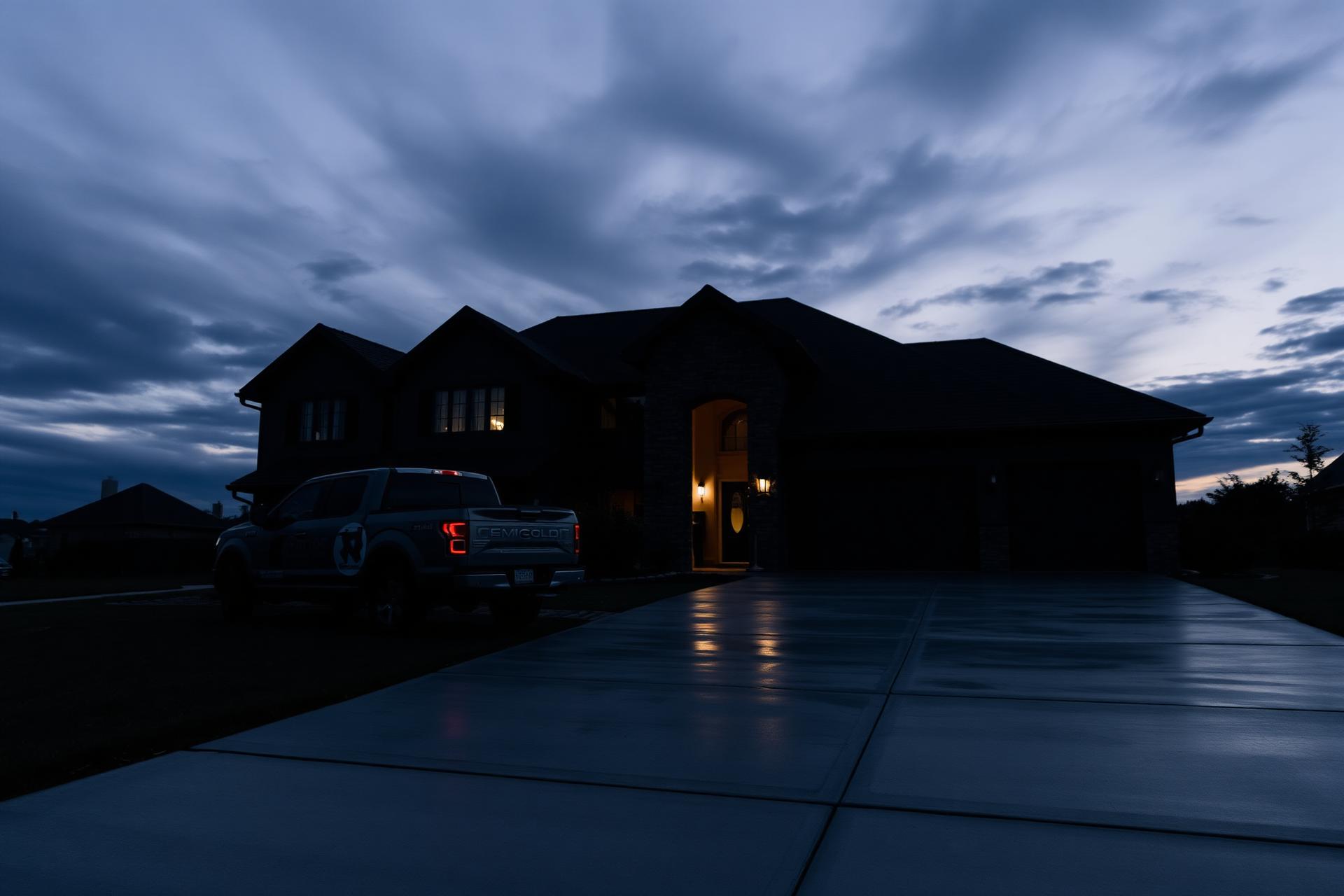 Modern home with coated driveway at dusk